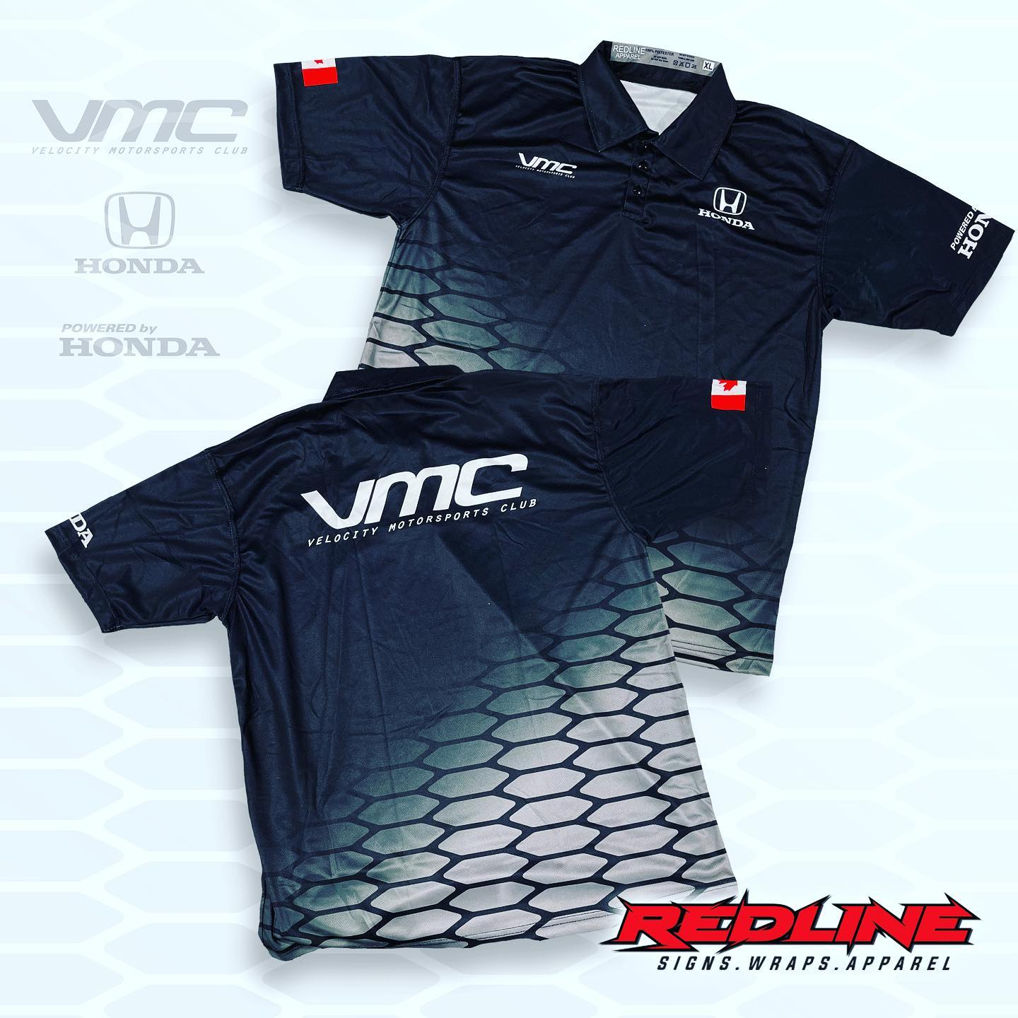 Branded logo shirts laid out for production review